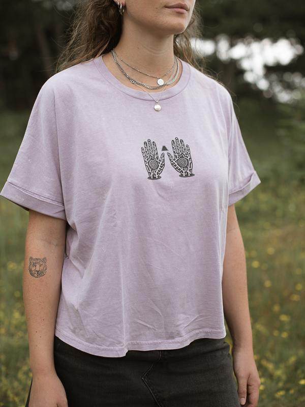 Women Posing With Lilac Women Tee In Front Of Green Field