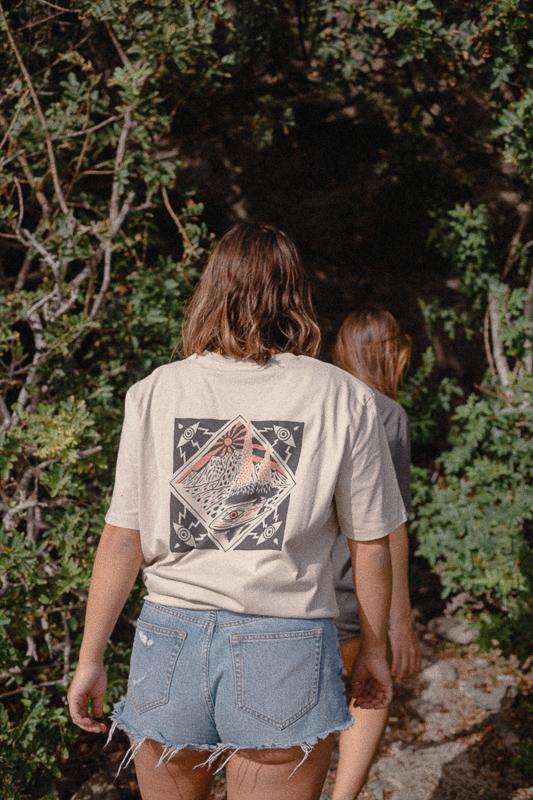 Woman In Jungle With Volcanoes T-Shirt In Desert Dust Collab With Inmind X Handsforfeet
